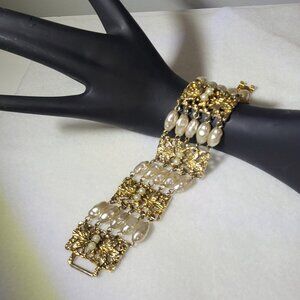 Vintage Celebrity NY Freshwater Pearl Wide Gold-Tone Bracelet